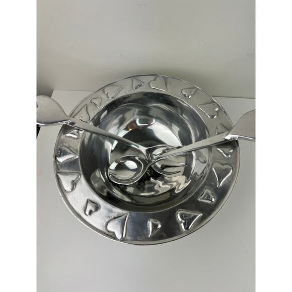 Mexico Silver Salad Bowl Stainless Steel Hearts Spoon Fork Serveware Set RARE - Picture 6 of 11